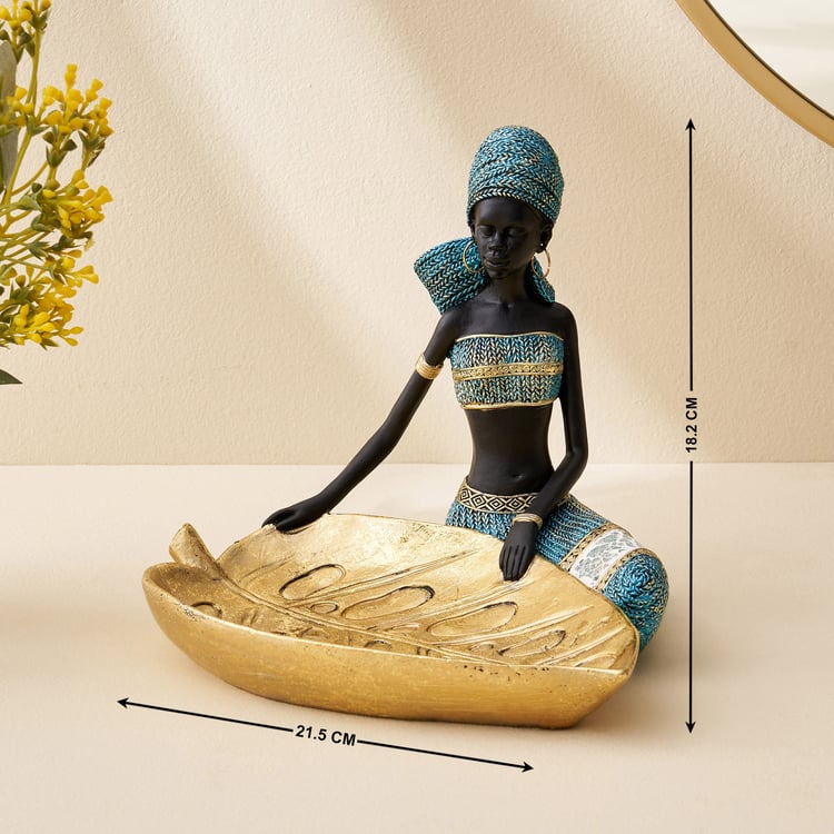 Corsica Jaguar Polyresin African Woman Figurine with Leaf Platter