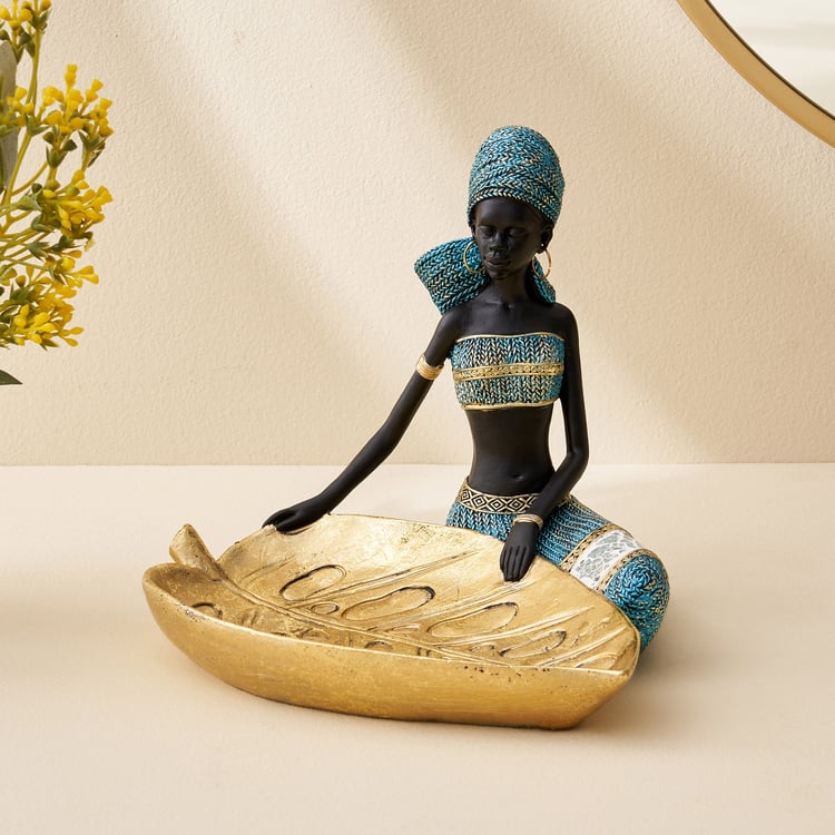 Corsica Jaguar Polyresin African Woman Figurine with Leaf Platter