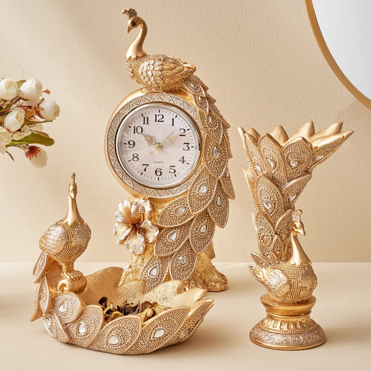 Corsica Mayur Polyresin Peacock Figurine with Clock - 16x36.5cm