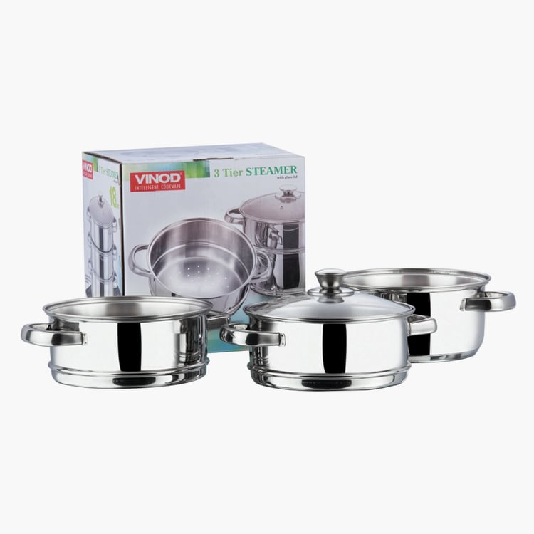 VINOD Stainless Steel 3-Tier Steamer with Lid - 18cm