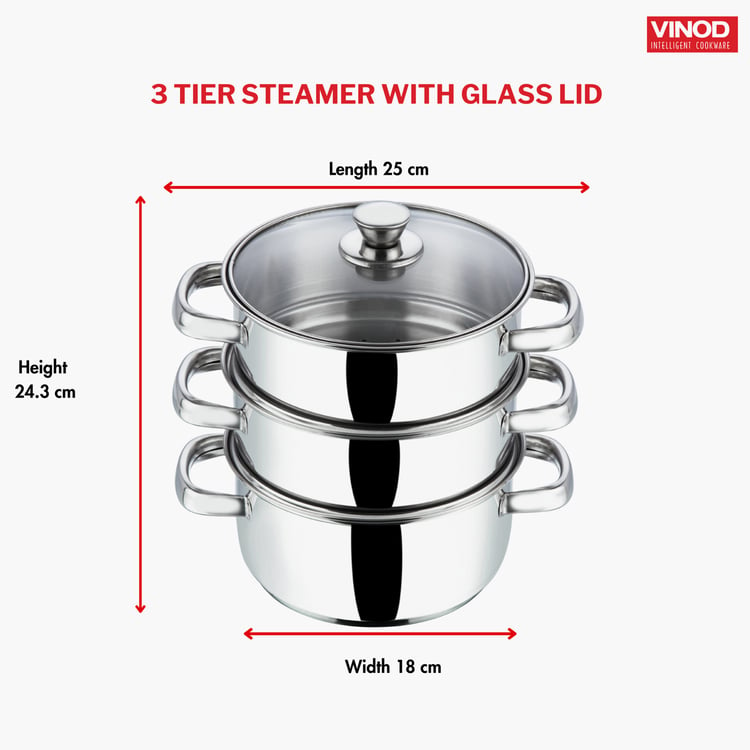 VINOD Stainless Steel 3-Tier Steamer with Lid - 18cm