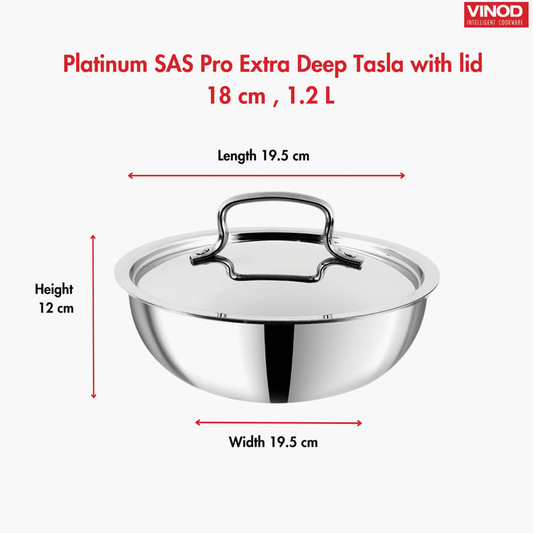 VINOD Platinum Triply Stainless Steel Tasla with Lid - 1.2L