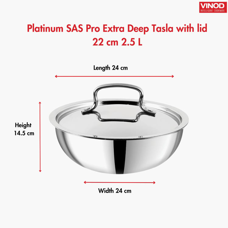 VINOD Platinum Triply Stainless Steel Tasla with Lid - 2.5L