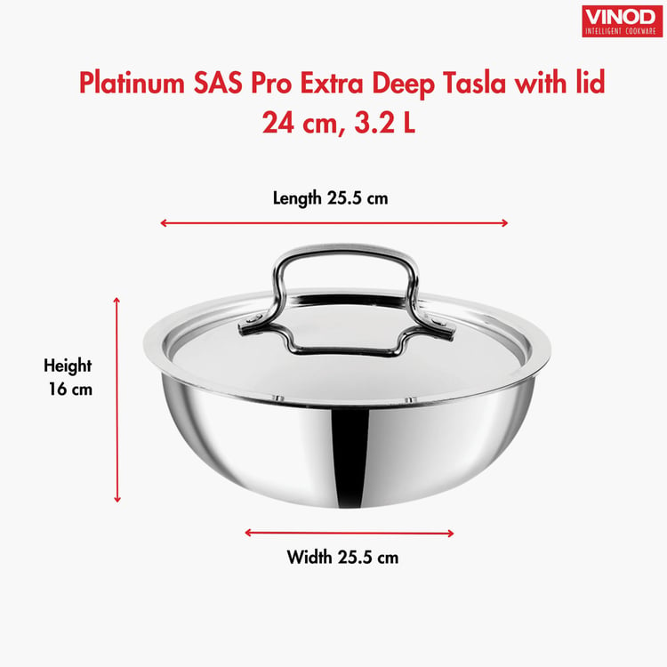 VINOD Platinum Triply Stainless Steel Tasla with Lid - 3.2L