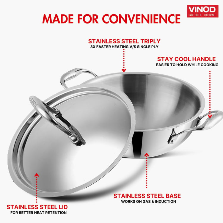 VINOD Platinum Triply Stainless Steel Kadai with Lid - 1.2L