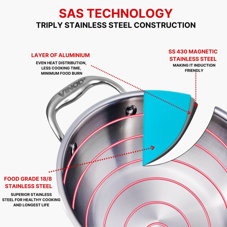 VINOD Platinum Triply Stainless Steel Kadai with Lid - 1.2L