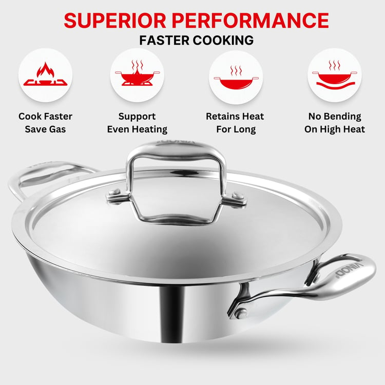 VINOD Platinum Triply Stainless Steel Kadai with Lid - 1.2L