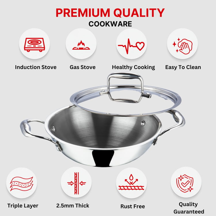 VINOD Platinum Triply Stainless Steel Kadai with Lid - 1.2L