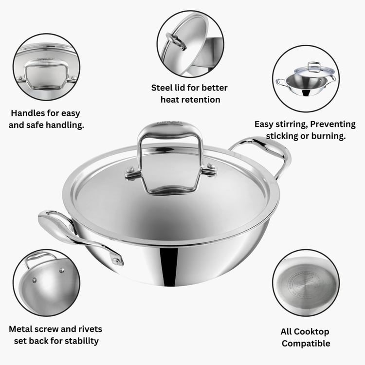 VINOD Platinum Triply Stainless Steel Kadai with Lid - 1.2L