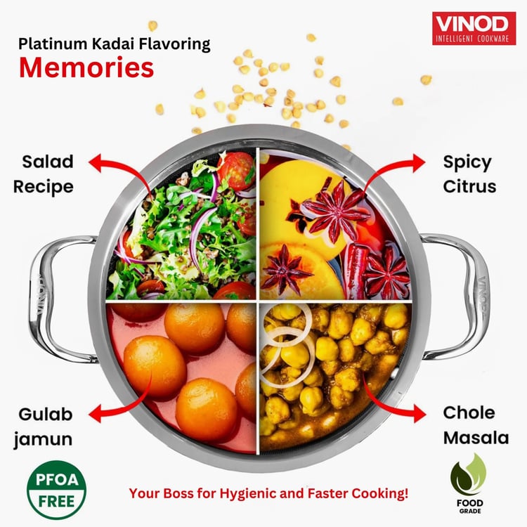 VINOD Platinum Triply Stainless Steel Kadai with Lid - 1.2L