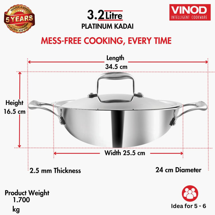 VINOD Platinum Triply Stainless Steel Kadai with Lid - 3.2 L