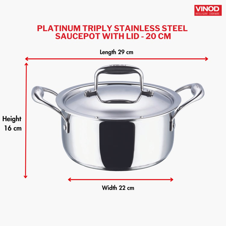 VINOD Platinum Triply Stainless Steel Sauce Pot with Lid - 3L