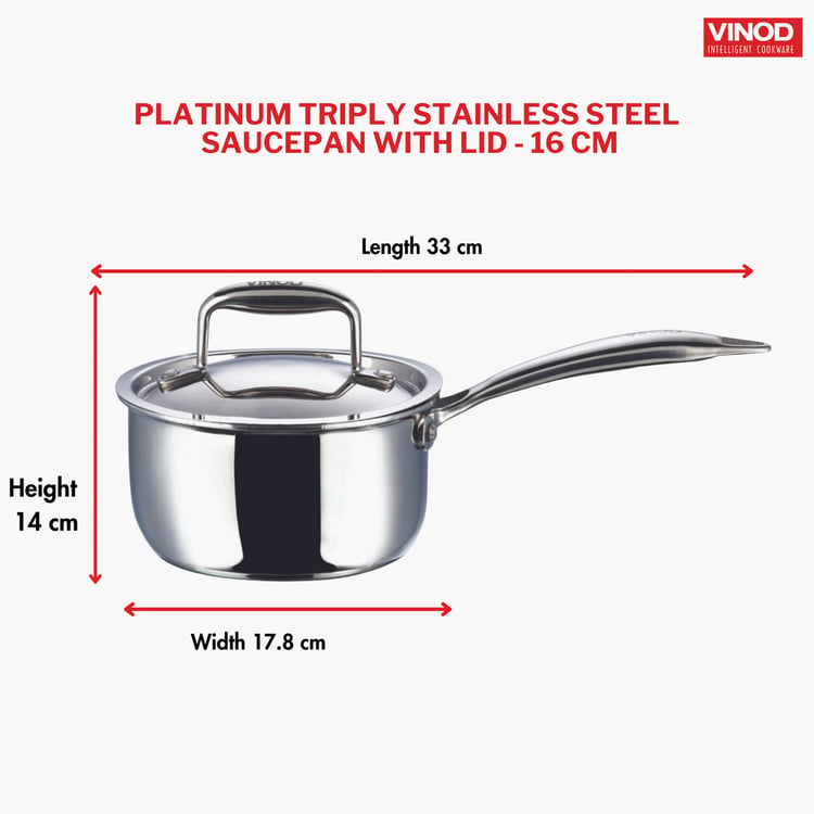 VINOD Platinum Triply Stainless Steel Sauce Pan with Lid - 1.6L