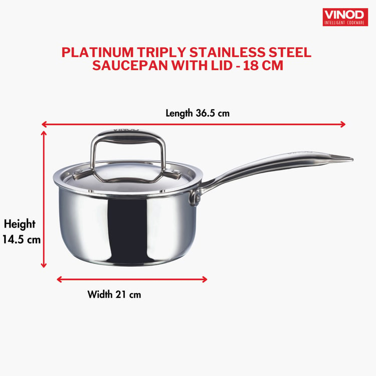 VINOD Platinum Triply Stainless Steel Sauce Pan with Lid - 2.2L