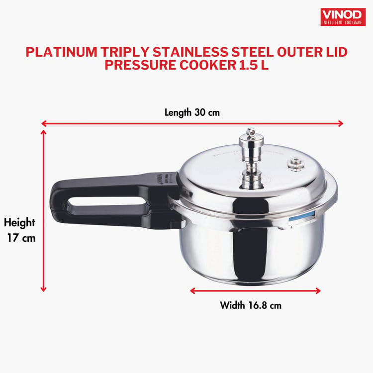 VINOD Platinum Triply Stainless Steel Pressure Cooker - 1.5L