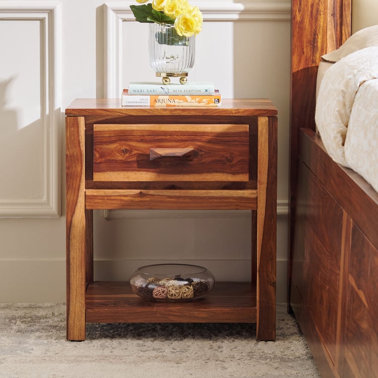 Adana Grand Sheesham Wood Bedside Table with Drawer - Brown