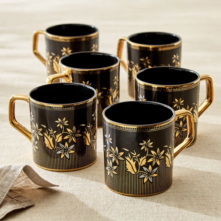 Corsica Ebony Set of 6 Bone China Floral Print Coffee Mugs - 230ml
