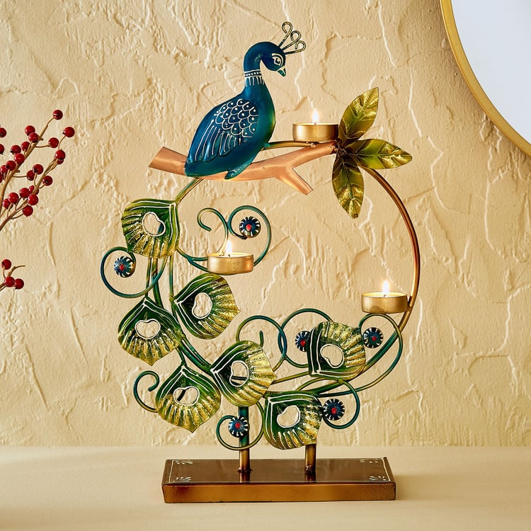 Corsica Mystic India Metal Peacock on Ring Multi T-Light Holder