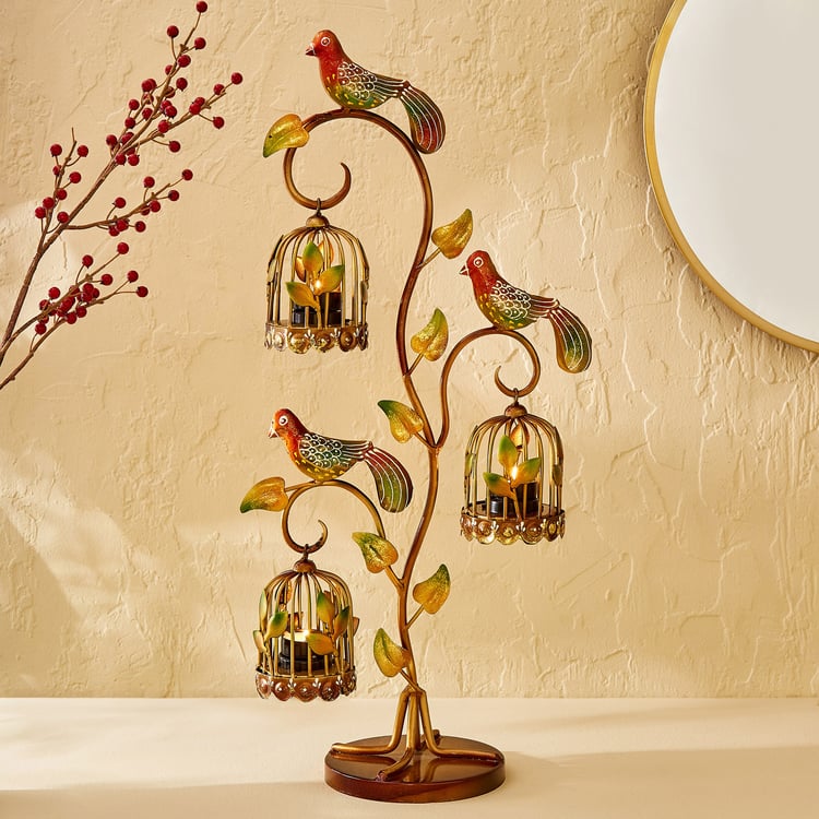Corsica Mystic India Metal Bird On a Tree with Cage Multi T-Light Holders