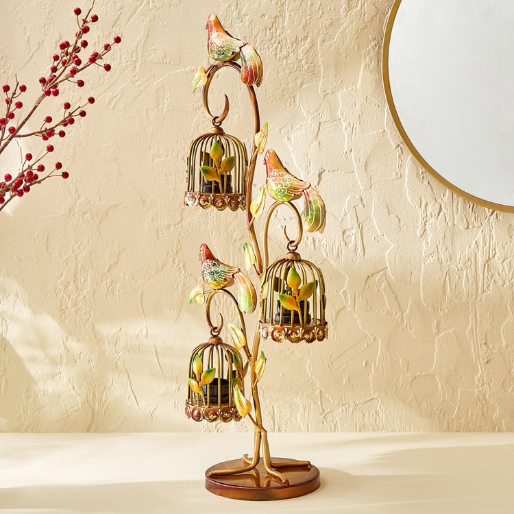 Corsica Mystic India Metal Bird On a Tree with Cage Multi T-Light Holders