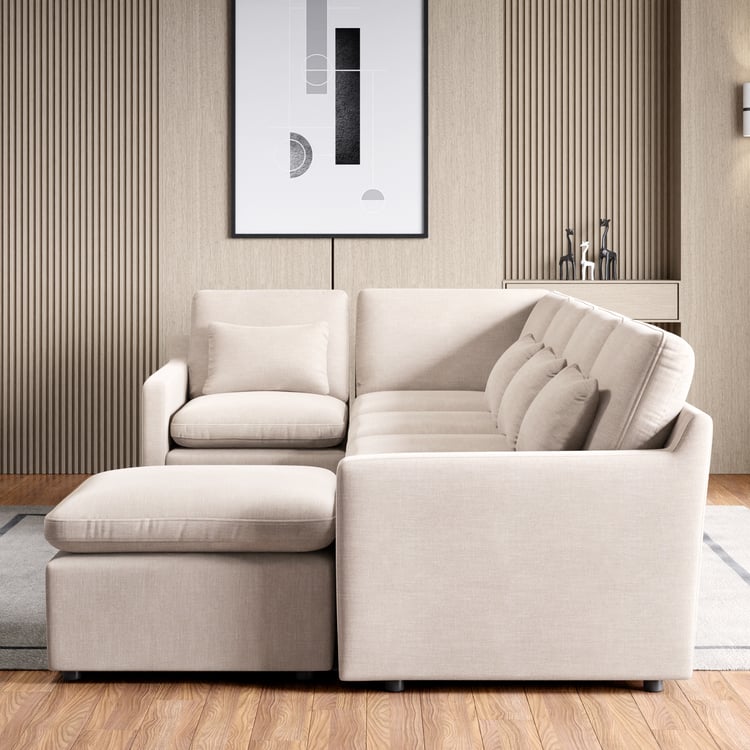 Nolan Fabric 5-Seater Corner Sofa with Ottoman - Beige