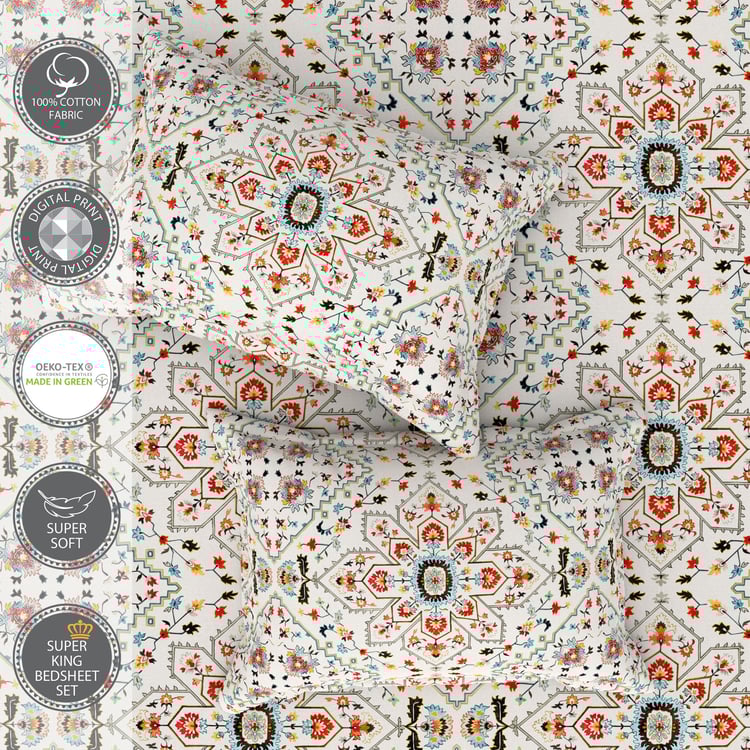 PORTICO Folkore Cotton 210TC Printed 3Pcs Super King Bedsheet Set