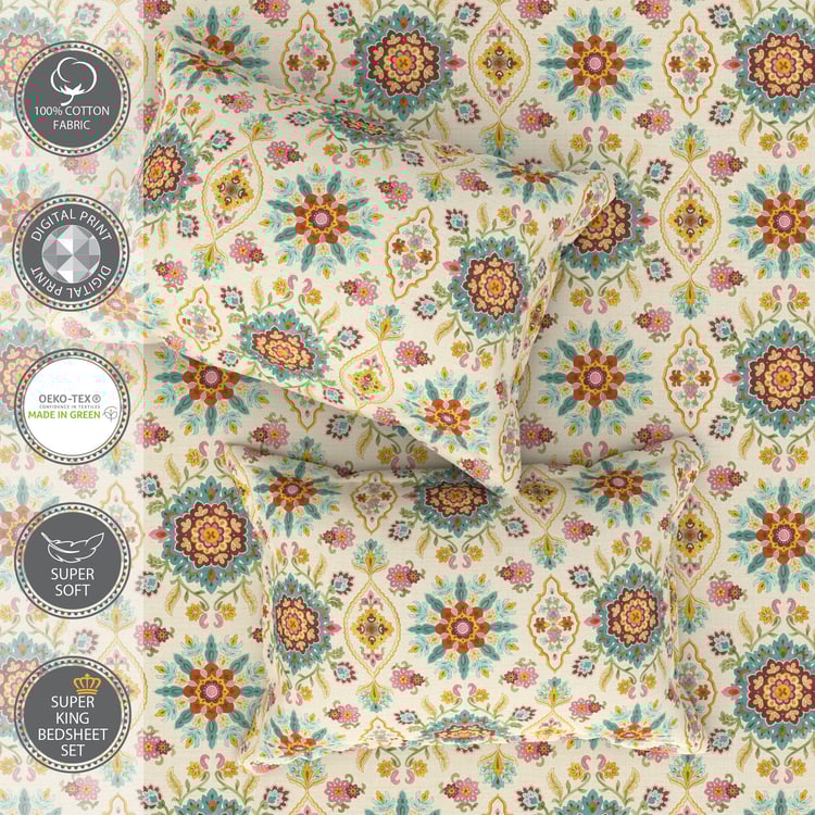 PORTICO Folkore Cotton 210TC Printed 3Pcs Super King Bedsheet Set