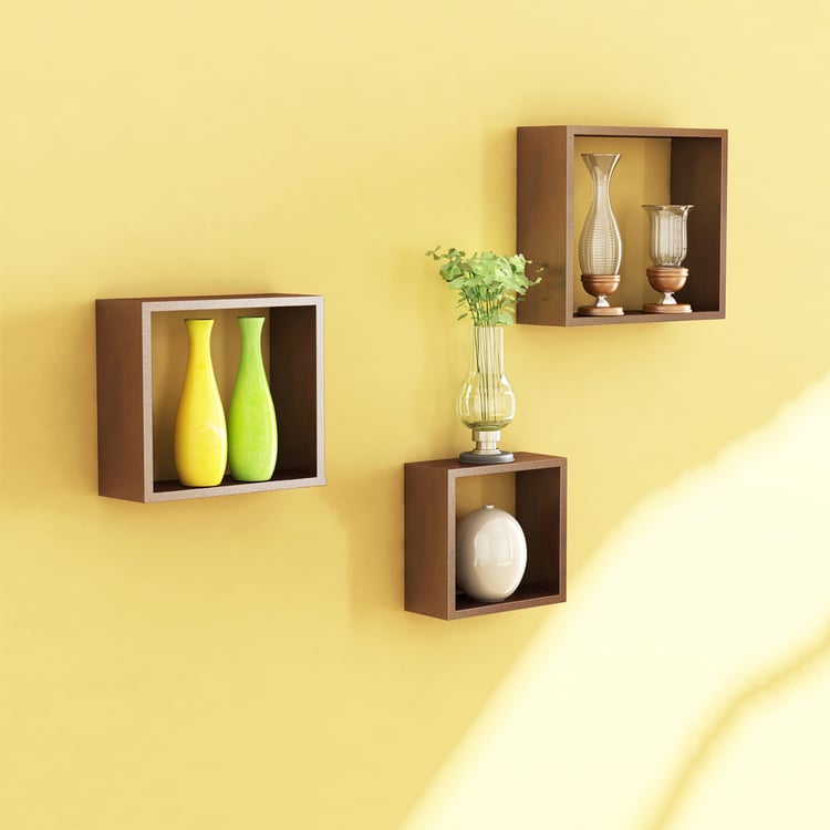 HOME SPARKLE Set of 3 Floating Wall Shelves - Brown