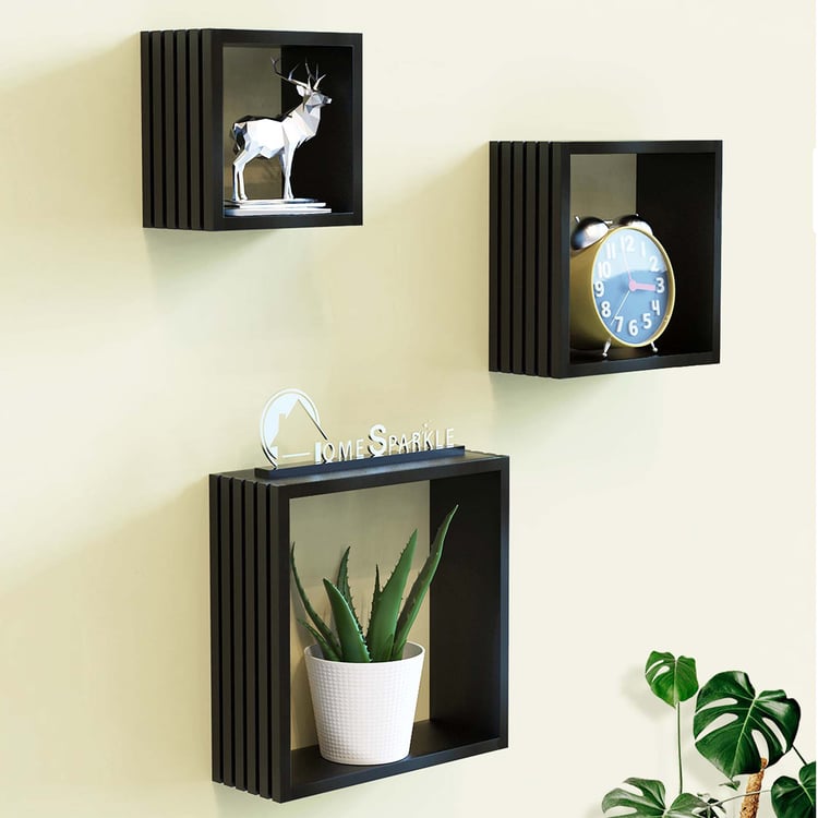 HOME SPARKLE Louvers Set of 3 Floating Wall Shelves - Black