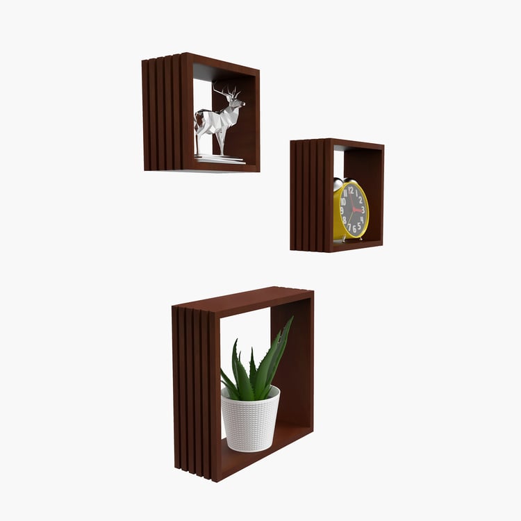 HOME SPARKLE Louvers Set of 3 Floating Wall Shelves - Brown