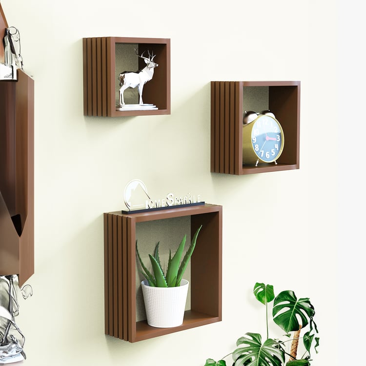 HOME SPARKLE Louvers Set of 3 Floating Wall Shelves - Brown