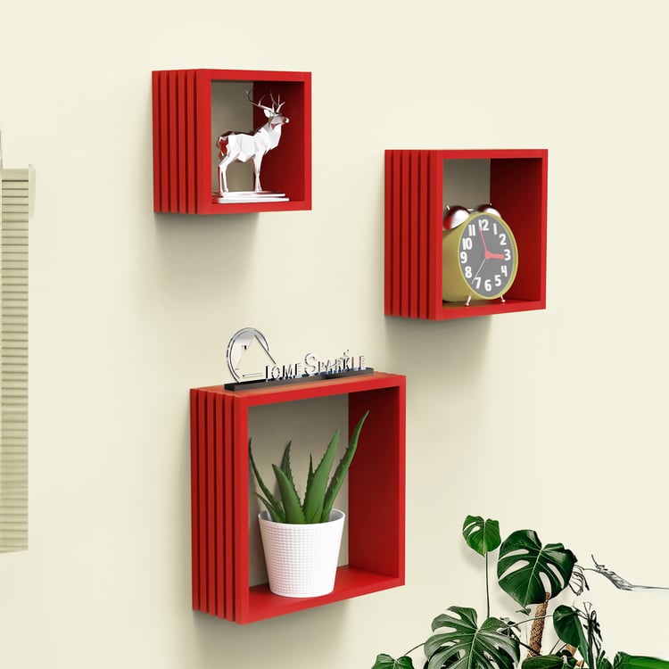 HOME SPARKLE Louvers Set of 3 Floating Wall Shelves - Red