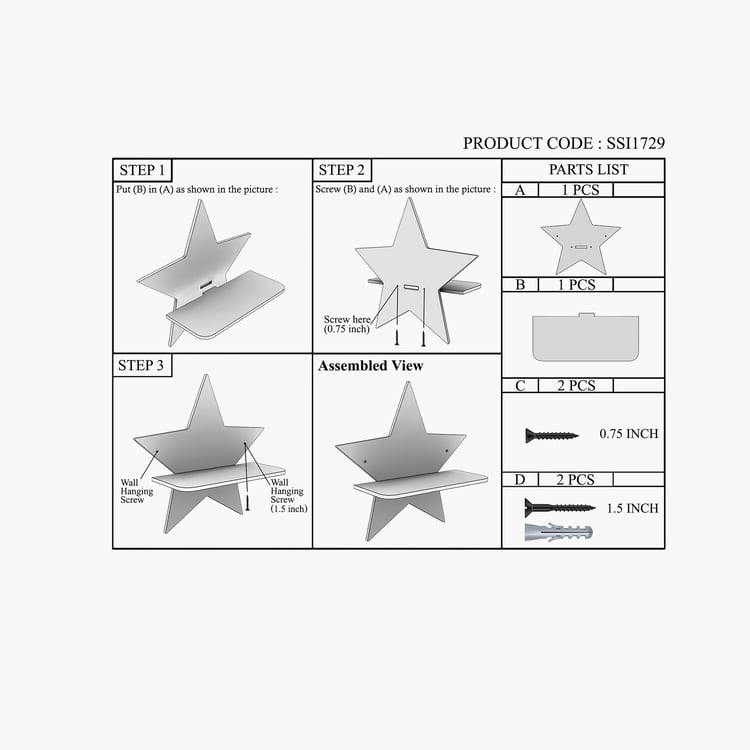 HOME SPARKLE Set of 4 Floating Star Wall Shelves - Black