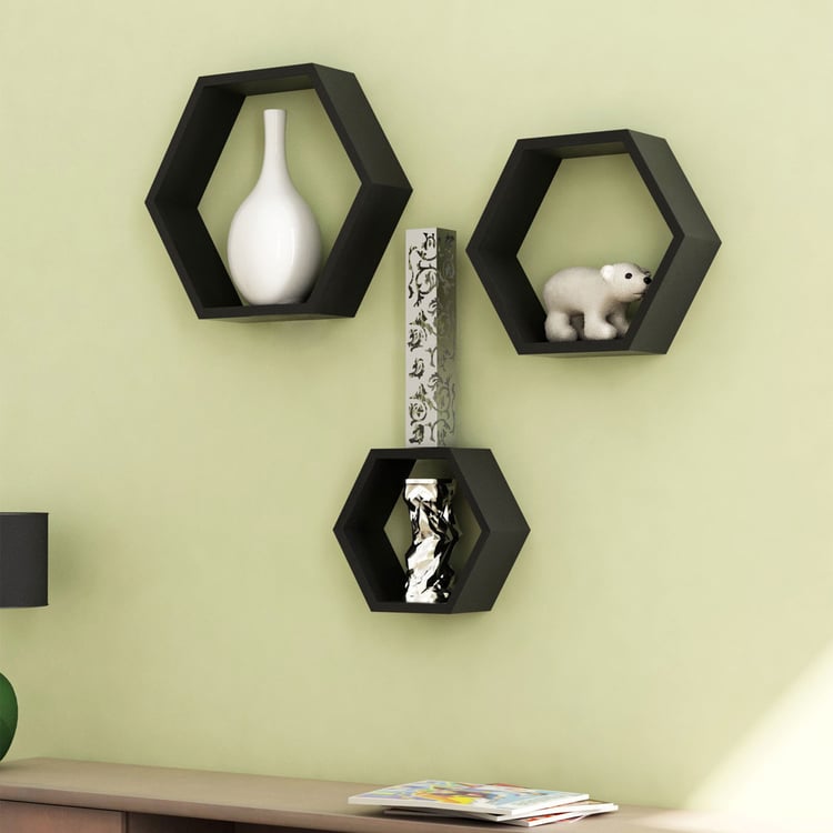 HOME SPARKLE Set of 3 Hexagonal Wall Shelves - Black