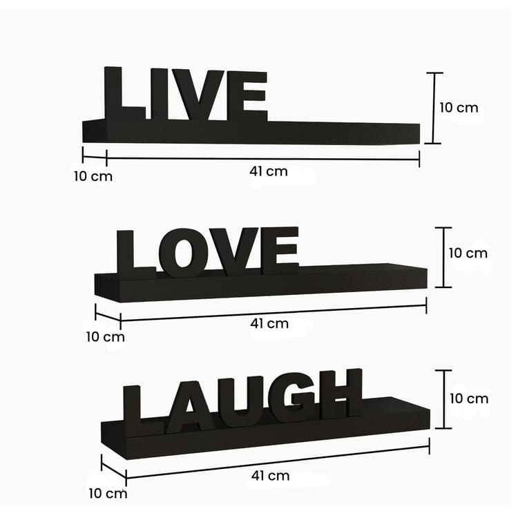 HOME SPARKLE Set of 3 Live Love Laugh Floating Wall Shelves - Black