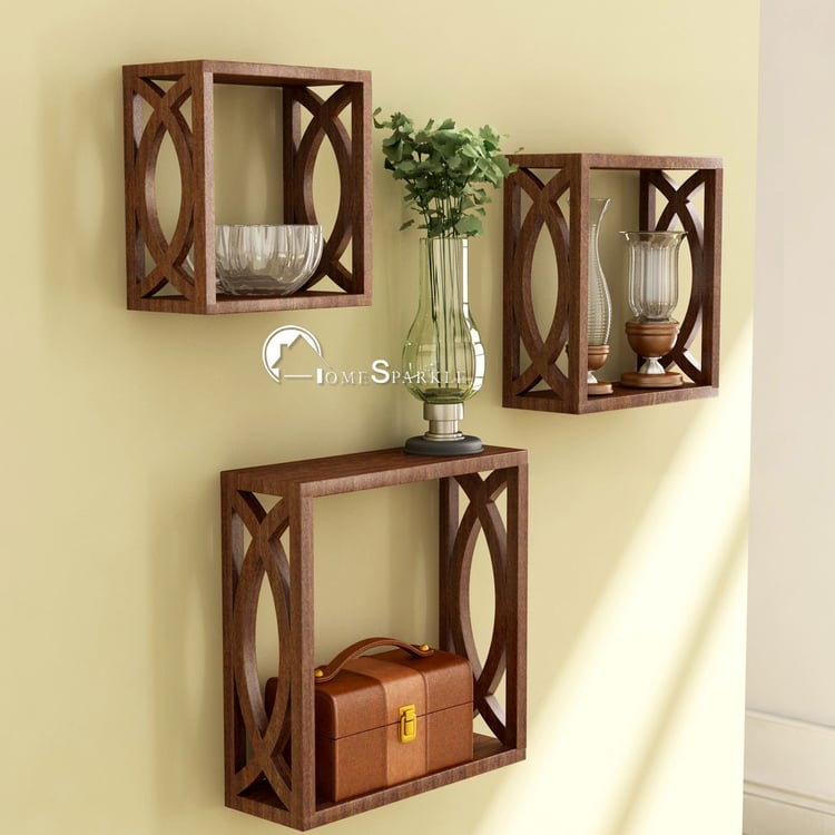 HOME SPARKLE Set of 3 Cube Wall Shelves - rown