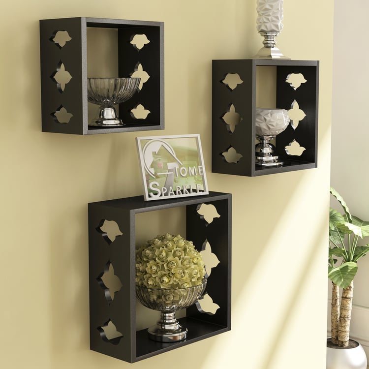 HOME SPARKLE Set of 3 Floating Wall Shelves - Black