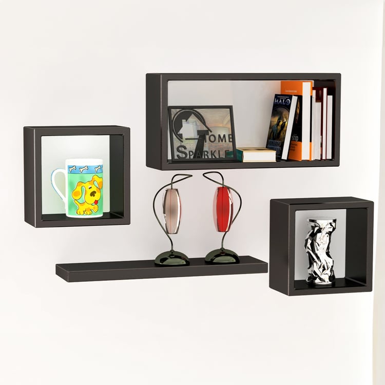 HOME SPARKLE Set of 4 Floating Wall Shelves - Black