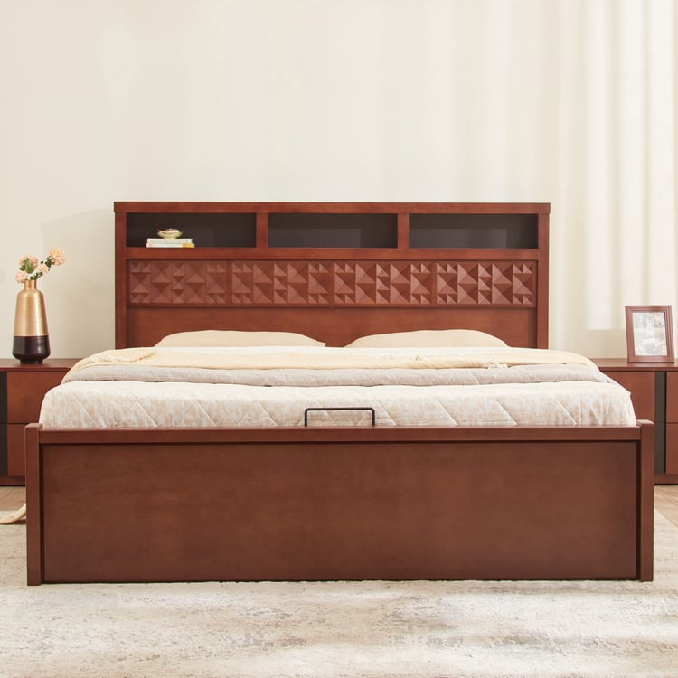 Denis Rio Mahogany Wood King Bed with Hydraulic Storage - Walnut