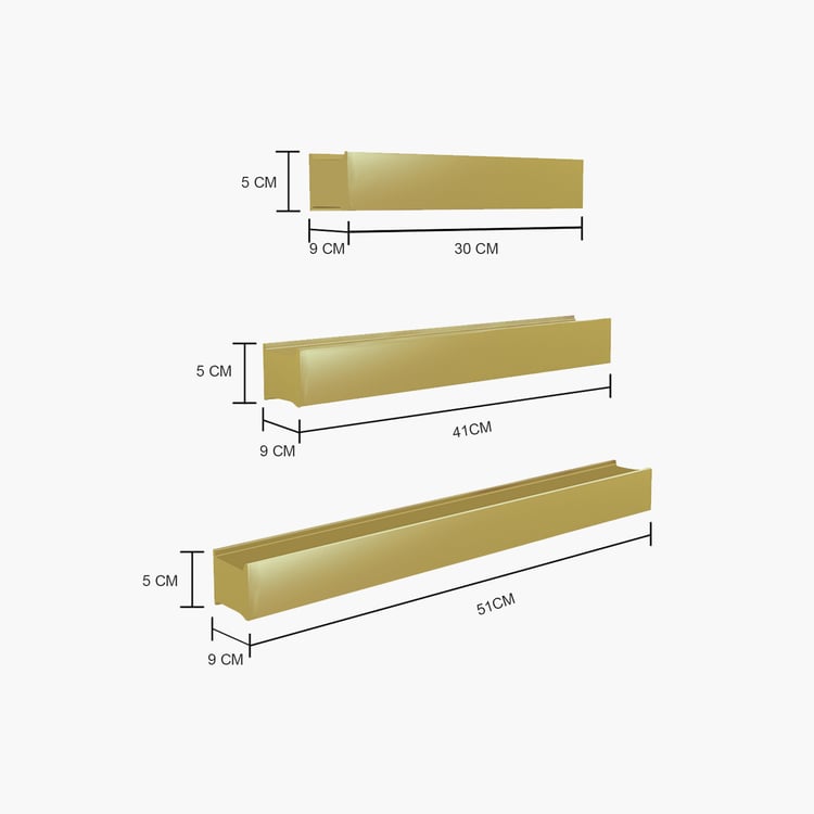 HOME SPARKLE Set of 3 Floating Wall Shelves - Gold