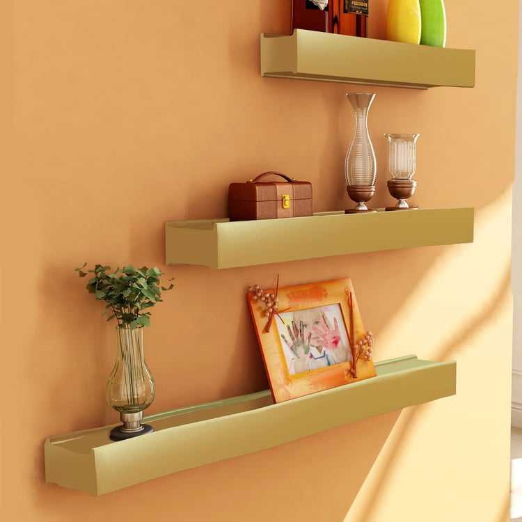 HOME SPARKLE Set of 3 Floating Wall Shelves - Gold