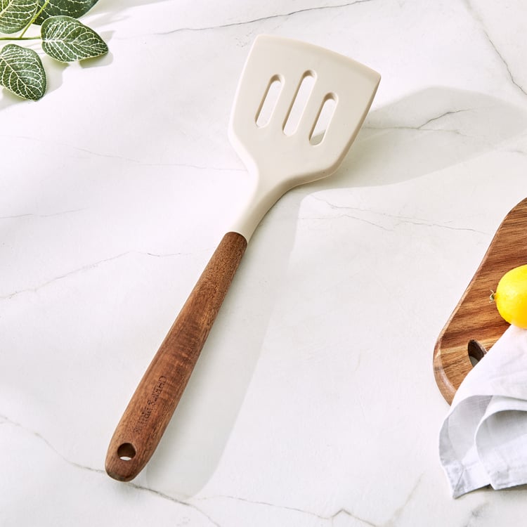 Chef's Pride Zeta Silicone Slotted Turner with Wooden Handle