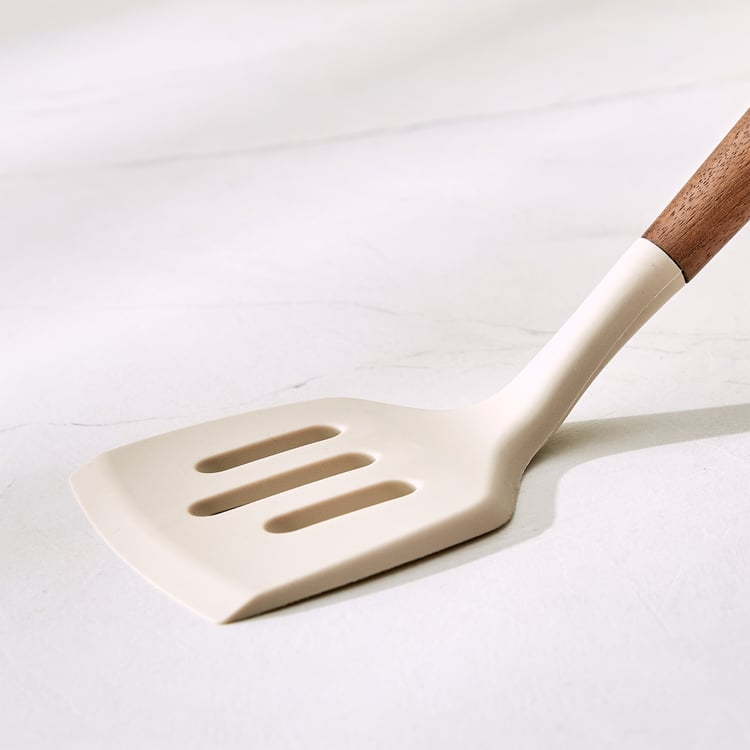 Chef's Pride Zeta Silicone Slotted Turner with Wooden Handle