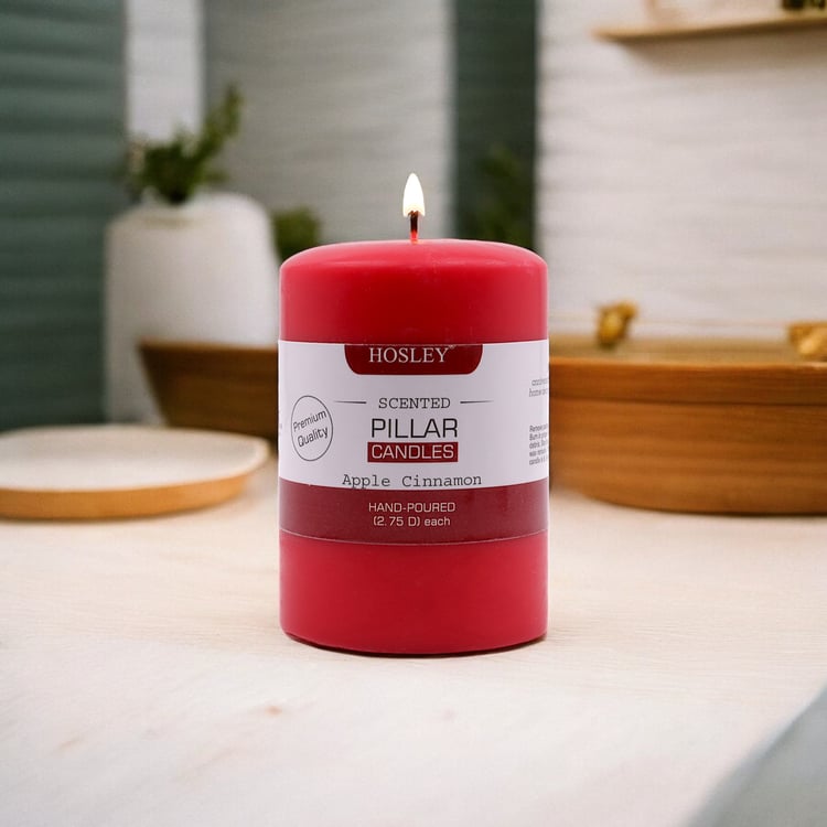 HOSLEY Apple Cinnamon Scented Red Pillar Candle