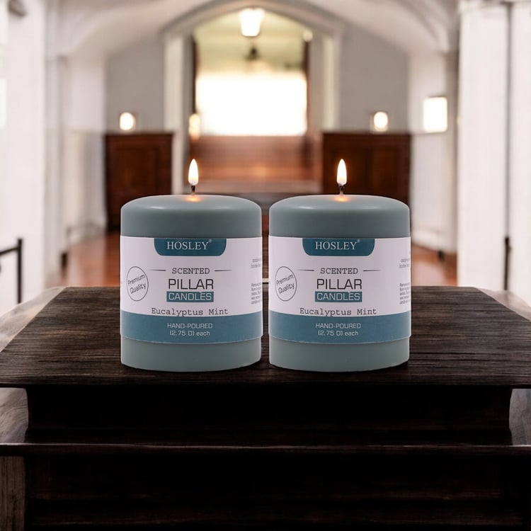 HOSLEY Set of 2 Eucalyptus Mint Scented Pillar Candles