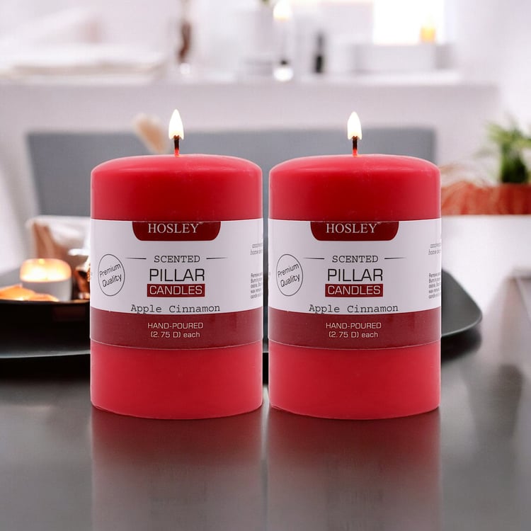 HOSLEY Set of 2 Apple Cinnamon Scented Red Pillar Candles