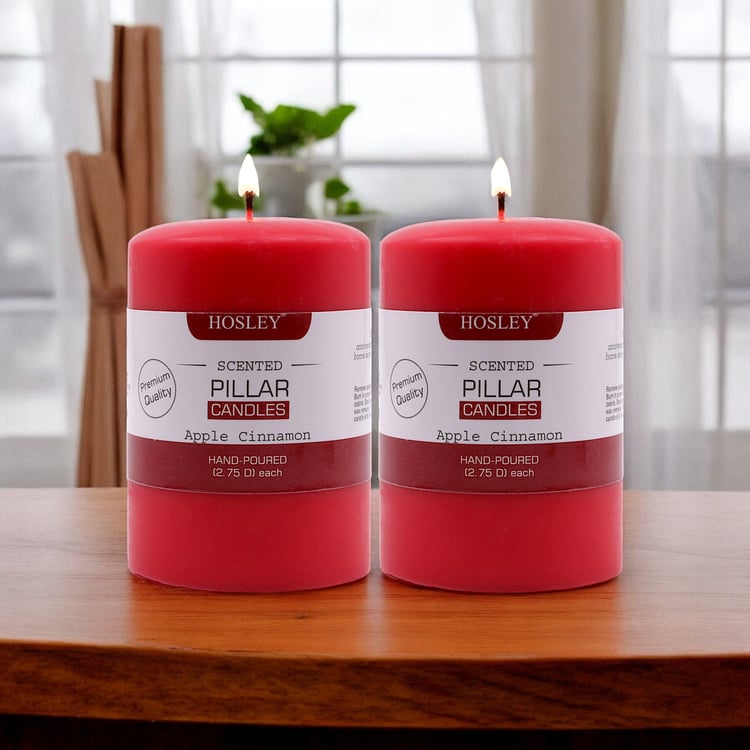 HOSLEY Set of 2 Apple Cinnamon Scented Red Pillar Candles