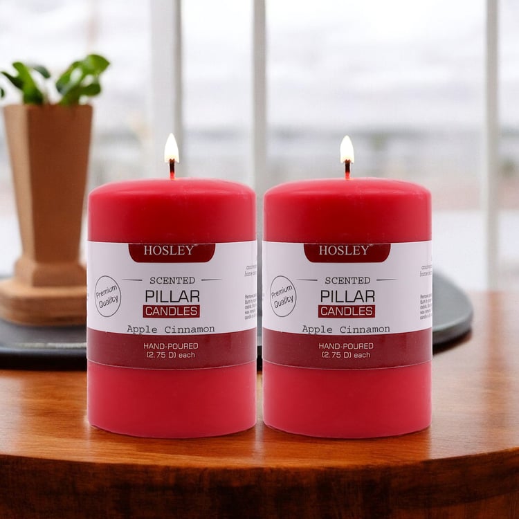 HOSLEY Set of 2 Apple Cinnamon Scented Red Pillar Candles