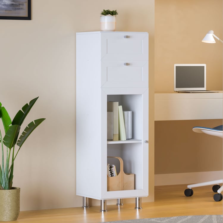 Helios Soho 1-Glass Door Book Cabinet with Drawers & Legs - White
