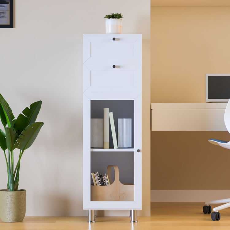 Helios Soho 1-Glass Door Book Cabinet with Drawers & Legs - White